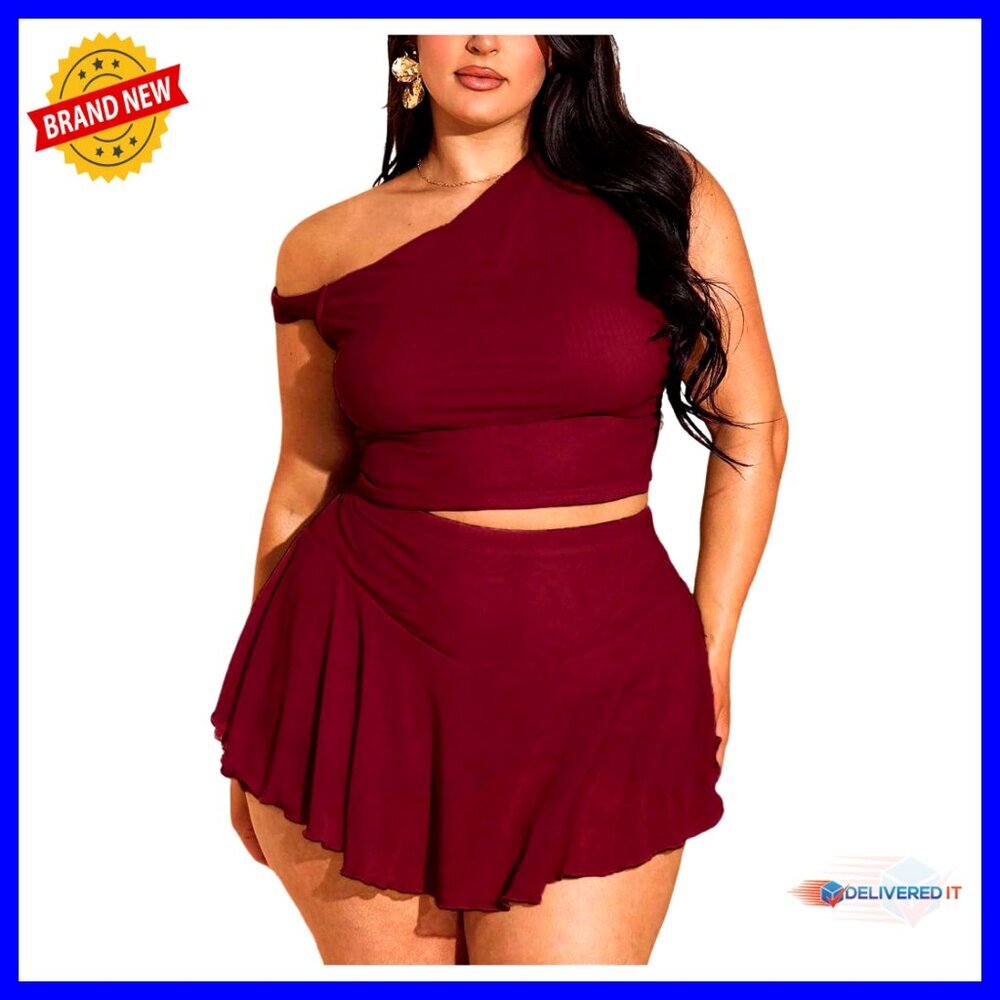 Plus Size Mesh Off Shoulder Crop Top with Ruffle Skirt Summer Set